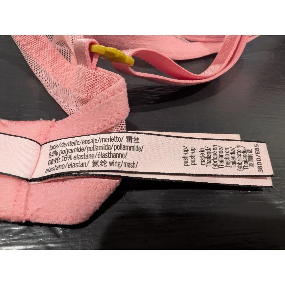Victoria's Secret 38DD Sexy Lace Push Up Bra Pink Flower mesh underwire NWOT